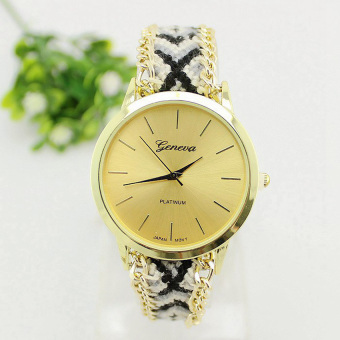 Yika Geneva Handmade Weave Adjustable Bracelet Gold Plated Dial Wrist Watch (#4)  