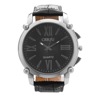 Yika Men Stainless Steel Leather Band Quartz Wrist Watch (Black)  