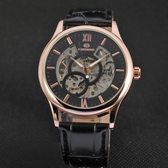 Yika Men's Mechanical Automatic Self-Winding Date Leather Wrist Watch (Black+Rose Gold)  