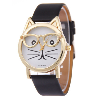 Yika Unisex Cat Face Leopard Faux Leather Analog Quartz Wrist Watch (Black)  