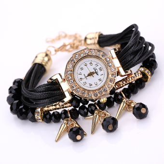 Yika Women Casual Leather Bracelet Wrist Watch (Black)  