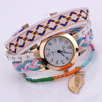 Yika Women Retro Leather Bracelet Leaf Decoration Quartz Wrist Watch (White)  