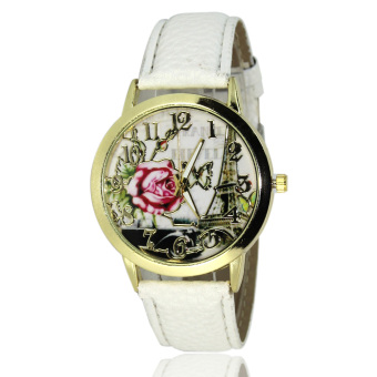 Yika Women's Tower Dial Leather Stainless Steel Quartz Wrist Watch (White)  