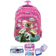 BGC 5 Dimensi Gambar Rubah Rubah Frozen Fever 3 Kantung Tas Troley Anak SD IMPORT + Lunch Bag Aluminium Tahan Panas + Kotak Pensil Alat Tulis - Full Motif Elsa