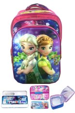 BGC 5 Dimensi Gambar Rubah Rubah Frozen Fever 4 Kantung Timbul IMPORT Tas Ransel Anak Sekolah SD + Lunch Bag Aluminium Tahan Panas + Kotak Pensil Alat Tulis - Motif Purple Daun