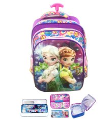 BGC 5 Dimensi Gambar Rubah Rubah Frozen Fever 4 Kantung Timbul IMPORT Tas Troley Anak Sekolah SD + Lunch Bag Aluminium Tahan Panas Dan Kotak Pensil Alat Tulis - Motif Purple Pink Daun Love