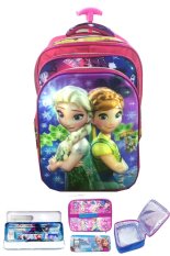 BGC 5 Dimensi Gambar Rubah Rubah Frozen Fever 4 Kantung Timbul IMPORT Tas Troley Anak Sekolah SD + Lunch Bag Aluminium Tahan Panas + Kotak Pensil Alat Tulis - Motif Purple Daun