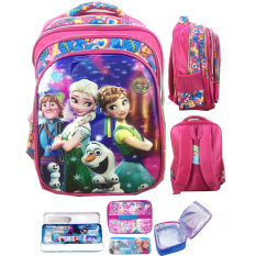 BGC 5 Dimensi Gambar Rubah Rubah Frozen Fever Elsa Anna Olaf Kristoff 4 Kantung Tas Ransel Anak SD IMPORT + Lunch Bag Aluminium Tahan Panas + Kotak Pensil Alat Tulis - Full Motif Love