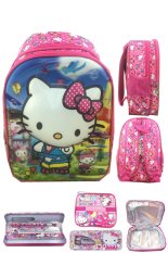 BGC 5 Dimensi Gambar Rubah Rubah Hello Kitty 2 Kantung Timbul IMPORT Tas Ransel Anak Sekolah TK + Lunch Bag Aluminium Tahan Panas + Kotak Pensil Alat Tulis - Full Kitty Pink