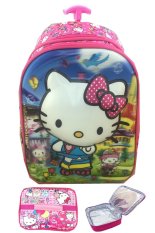 BGC 5 Dimensi Gambar Rubah Rubah Hello Kitty 2 Kantung Timbul IMPORT Tas Troley Anak Sekolah TK + Lunch Bag Aluminium Tahan Panas - Full Kitty Pink
