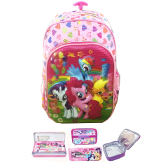 BGC 5 Dimensi Gambar Rubah Rubah My Little Pony 2 Kantung Tas Troley Anak SD IMPORT + Lunch bag Aluminium Tahan Panas + Kotak Pensil Alat Tulis- Full Motif Pink Love