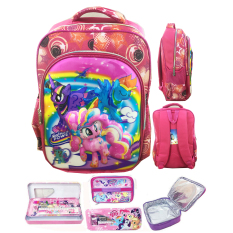 BGC 5 Dimensi Gambar Rubah Rubah My Little Pony Pinkie Pie Tas Ransel Anak SD IMPORT+ Lunch Bag Aluminium Tahan Panas + Kotak Pensil Alat Tulis - Full Motif Rainbow Star