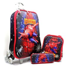 BGC Marvel Spiderman Black Red Koper Set Troley T Samurai + Lunch Box + Kotak Pensil 3D Timbul Import Hard Cover Tas Anak Sekolah