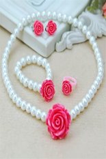 Girls Pearl Flower Shape Necklace Bracelet Ring Ear Clips Jewelry Set(Rose+white pearls) (Intl)