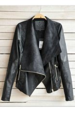 Hequ Women Clothes Faux Turn-Down Collor Slim Coats PU Leather Jacket (Black) (Intl)