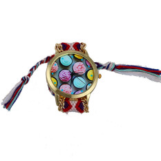 Ice cream Pattern National Wind Weaved Bracelet Quartz Watch Women Purple+Red (Intl)