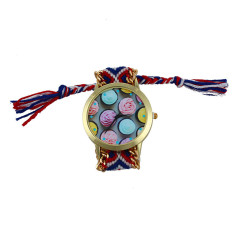 Ice cream Pattern National Wind Weaved Bracelet Quartz Watch Women Red+Blue (Intl)