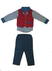 Mini Jeans Setelan 4 in 1 Kemeja Rompi Celana Denim + Dasi Anak Laki-laki - Merah/Biru