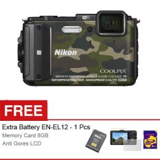 Nikon Coolpix AW130 Waterproof Wifi Camera ARMY - 16.1MP - 5x Optical Zoom - Gratis SDHC 8GB + Anti Gores LCD + Extra Battery EN-EL12