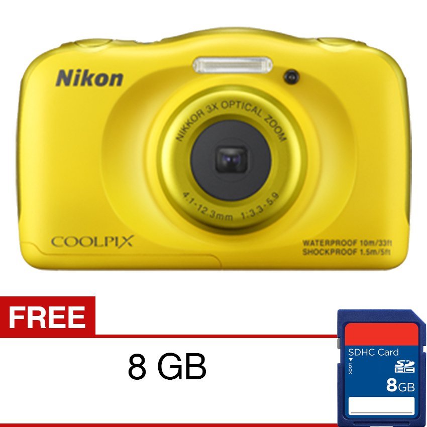 Nikon Coolpix S33 Waterproof Camera - 13.2MP - 3X Optical Zoom - Kuning + SDHC 8GB