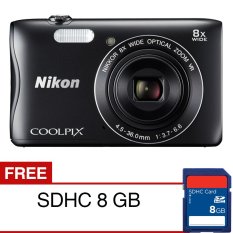 Nikon Coolpix S3700 Wifi/NFC Kamera Digital - 20.1 MP - 8x Optical Zoom - Hitam + Gratis SDCard 8GB