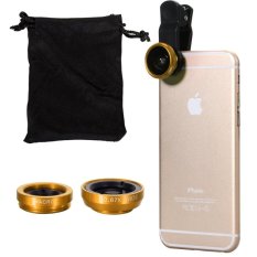 VAGAVO Fish Eye Lens, Wide Angle Lens, Micro Lens, 3 in 1 Lens Kit, Universal Clip, Compatible with Iphone 6 6 plus 4 4s 5 5c 5s Samsung Galax S3 S4 S5 S6 Note3 Note4 Htc One Moto LG (Gold) (Intl)
