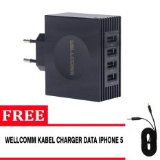 Wellcomm Charger Adaptor 4 Port Real Output 4.2A - Hitam + Gratis Kabel Charger Data Flat Iphone 5