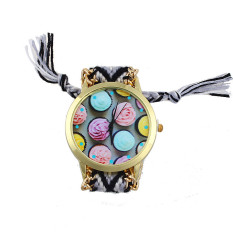 Women Ice cream Pattern Weaved Rope Band Bracelet Quartz Dial Watch Black+White (Intl)
