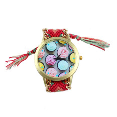Women Ice cream Pattern Weaved Rope Band Bracelet Quartz Dial Watch Hot Pink+Green (Intl)