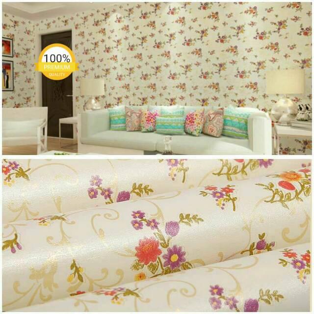 Wallpaper Dinding Murah Ruang Tamu Kamar Bunga Kream Gold Ungu Merah Terbagus Indah Terlaris Elegan