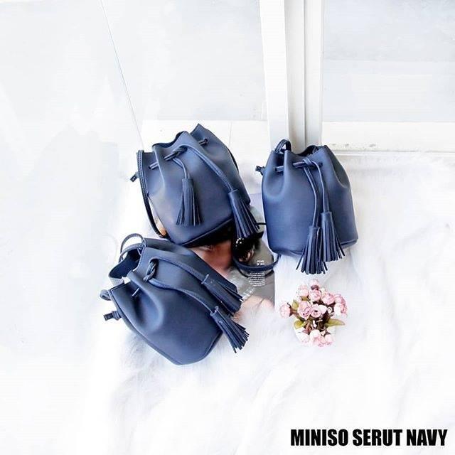 Tas Wanita/ Dompet Wanita/ Dompet Mini/ Dompet Fashion/Tas Selempang/ Tas Bahu Wanita/ Bucket Bag/ Tas serut miniso - Navy