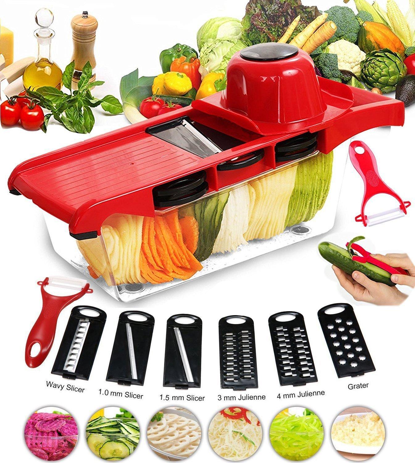 Mandoline Sayuran Pemotong Slicer Chopper-6 Dipertukarkan Blades dengan Peeler, Tangan Pelindung, penyimpanan Container-Pemotong untuk Kentang, Tomat, Bawang, Mentimun, Dll-Internasional