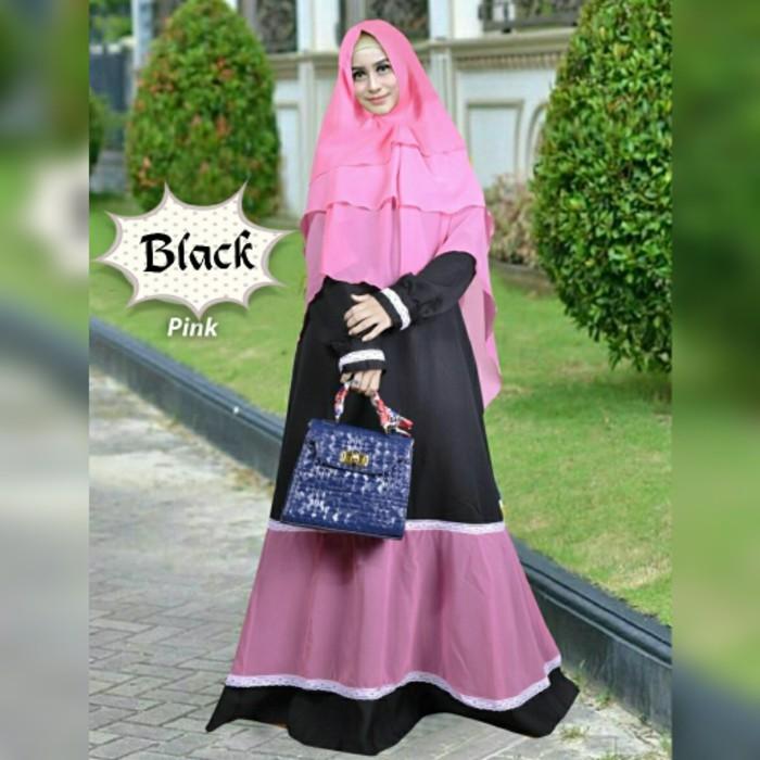 (JNH Shop) Gamis Syari Sanaya Black Pink Baju Muslim Maxi Bergo Wanita Remaja Tm