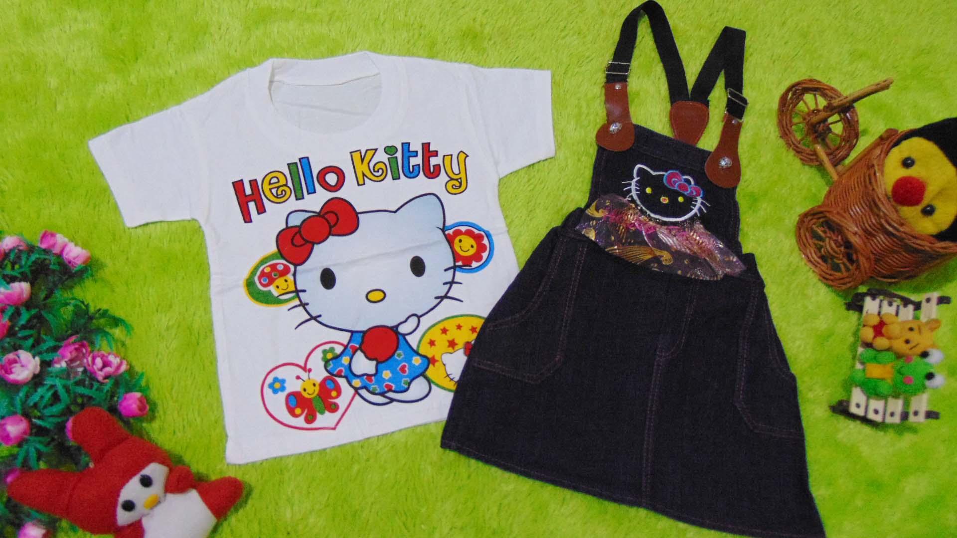 kembarshop - TERLARIS baju pesta bayi perempuan 0-12bulan setelan kaos plus rok kodok jeans hello kitty suspender tali gesper