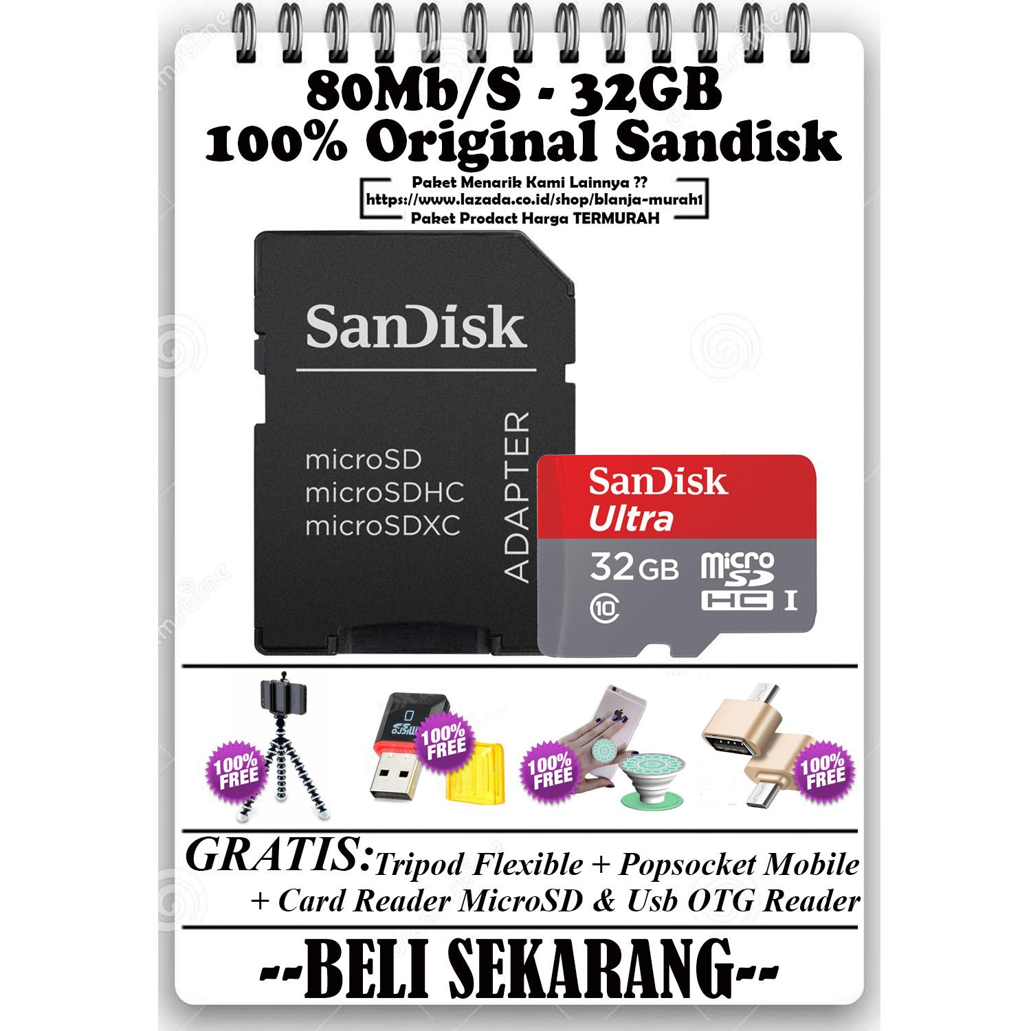 Promo SanDisk Ultra Memory Card Micro SDHC 32GB 80MB/s Class 10 + SD Adapter - GRATIS Flexible Tripod Gorillapod + Card Reader Micro + Popsocket Anti Drop Phone Grip & Usb OTG Reader Mini