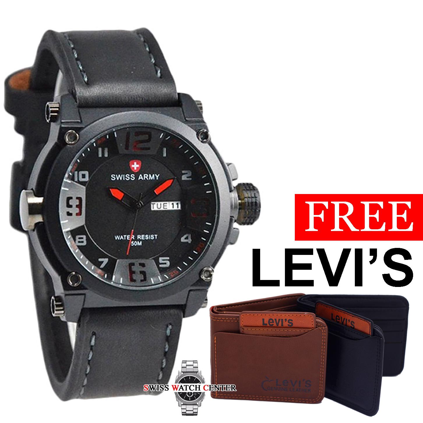 Jam Tangan Swiss Army Luxury- Jam Tangan Pria - Jam Tanngan Kasual Model Kalem Dan Elegan - Strap Kulit - Hitam Variasi Merah - SA 1769 SWC - BONUS / FREE Premium Leather Purse - Dompet Import LEVI's