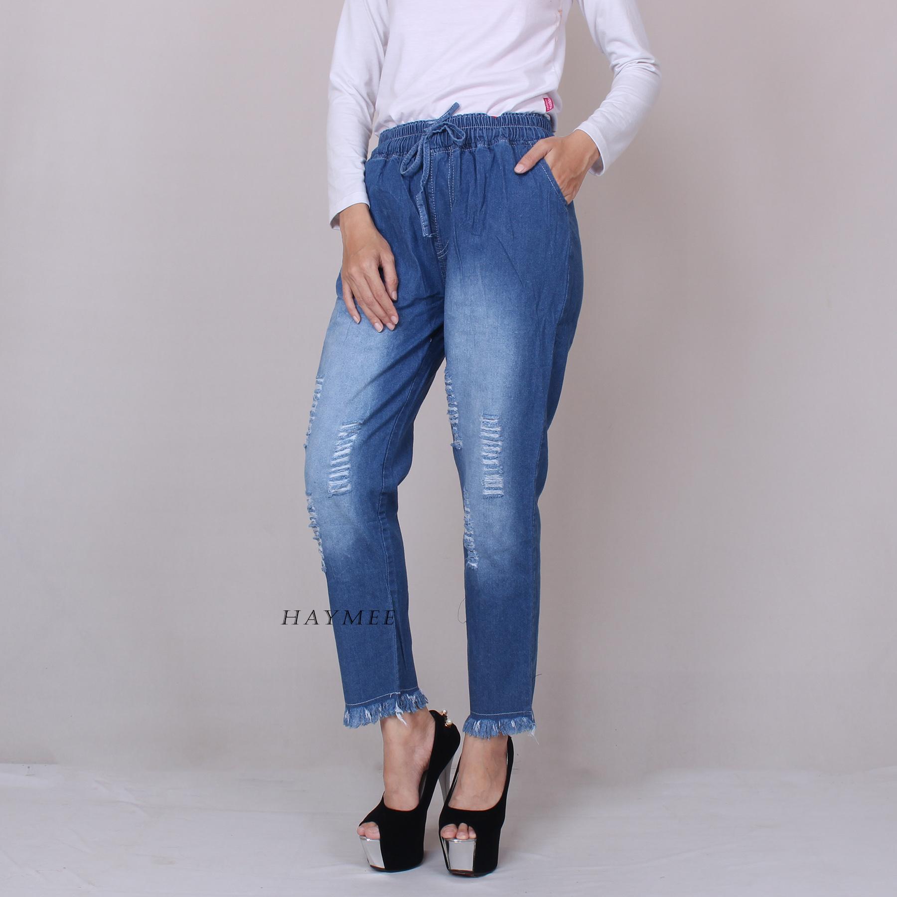 Haymeestore Celana Riwis Boyfriend Bawahan Jeans Wanita Celana Denim Wanita Motif Sobek Blue