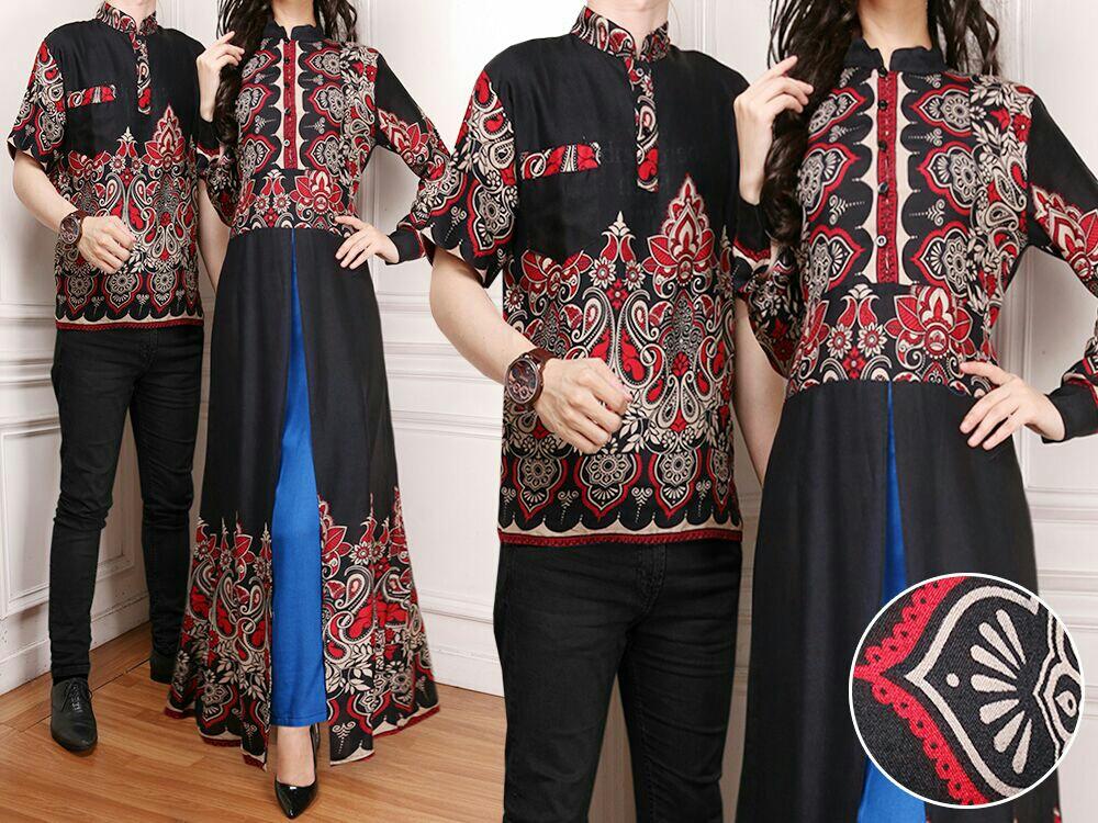 LFashion Baju Lebaran Kemeja Batik Pria dan Dress Wanita Couple /Gamis Pasangan / Kebaya Dress Wanita / Set Muslim (Batik llabe) 7T = Hitam Coklat Biru Tosca