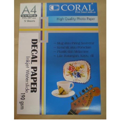 Coral Decal Paper Inkjet Waterslide A4 190 Gr (Pack=5 Sheet)