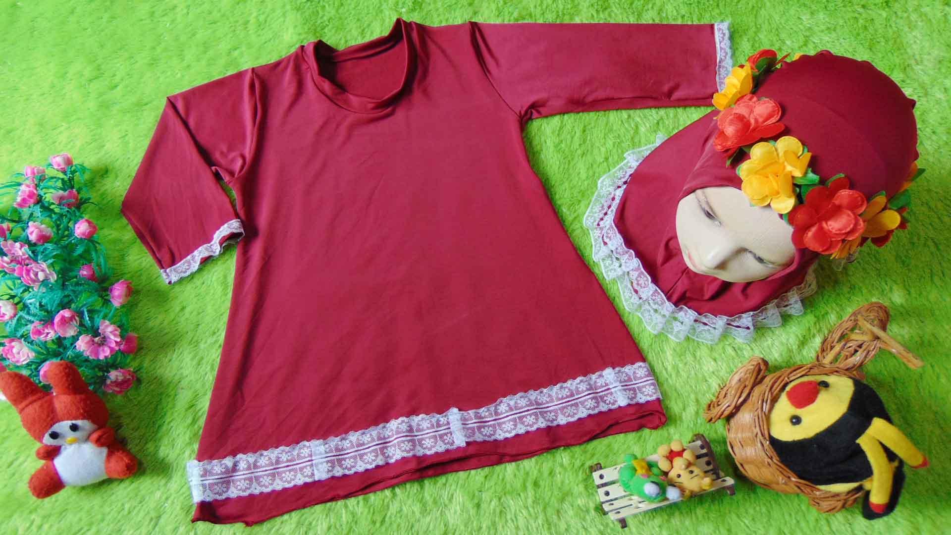 kembarshop - FREE FLOWER CROWN Gamis Basic Bayi Newborn 0-12bulan Maroon Renda Cantik Plus Hijab Kado Bayi