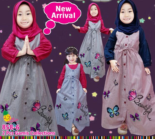 Baju Muslim Anak Cewek Gamis Overall Katun Garis Little Pineapple Kupu