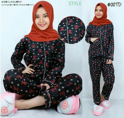Set Piyama Chanel Hitam Fashion Stelan Baju Tidur Wanita