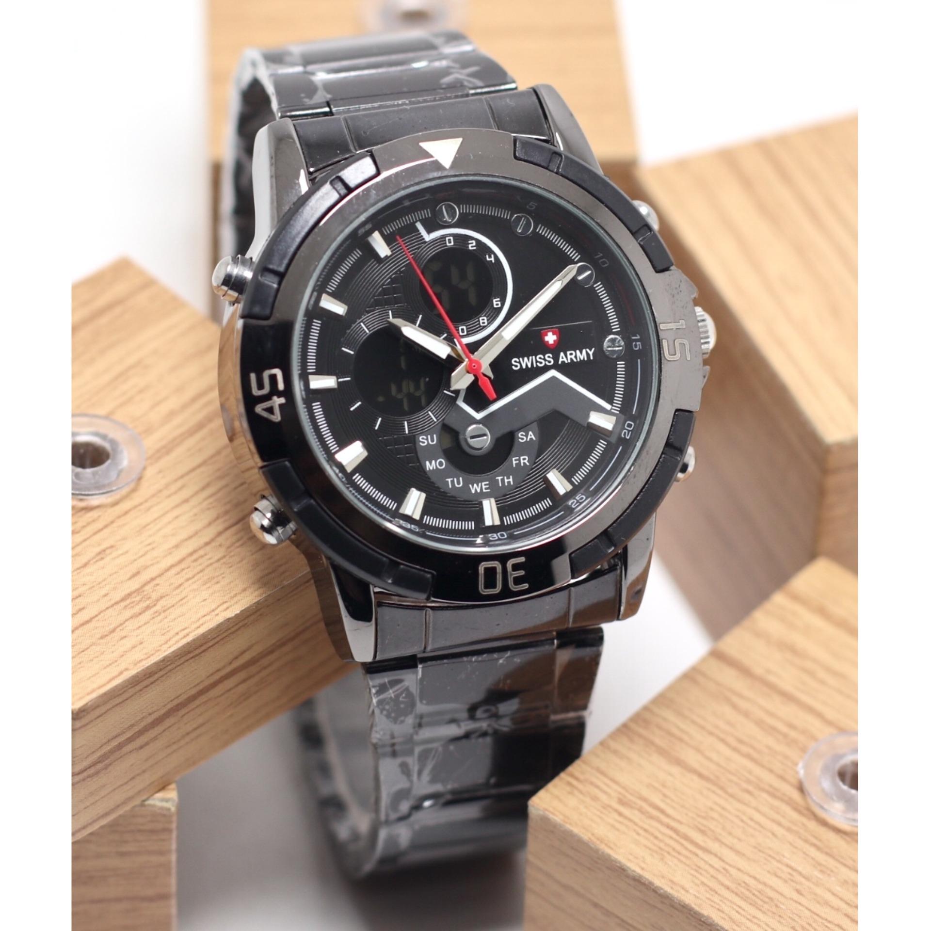 JAM TANGAN PRIA SWISS ARMY SA4327GGS DUAL TIME STAINLESS STELL LAMPU CASUAL