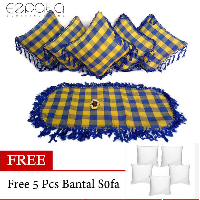 Ezpata Set (SBK) 5 Sarung Bantal Kursi +Taplak Meja Tamu Bahan Tenun Rumbai Motif Kotak-Kotak - Free 5 Pc Silicone
