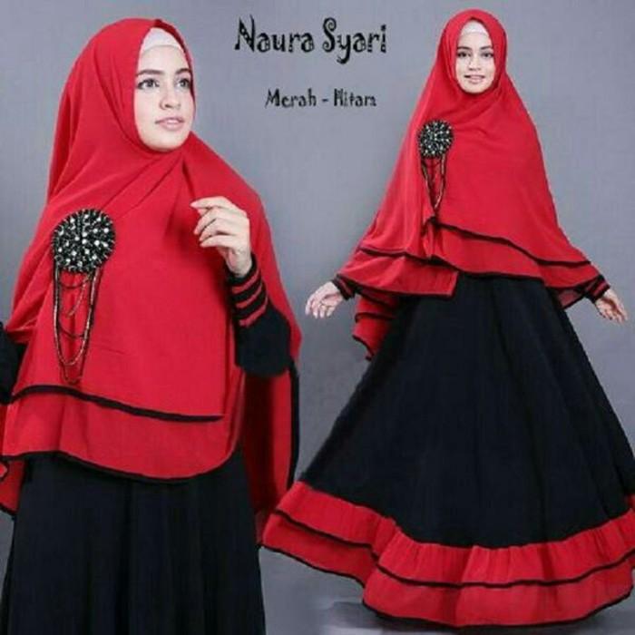 BAJU BUSANA MUSLIM GAMIS NAURA SYARI MERAH HITAM BUSUI BERGO NO PAD.