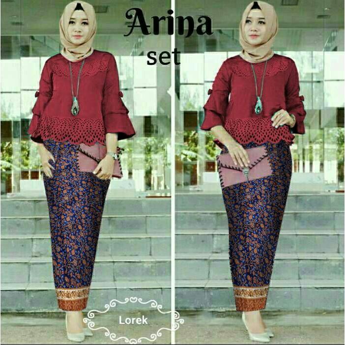 Gamis Syari Baju Setelan Kebaya Motif Batik Wanita Modern Arina Laser Set Marun