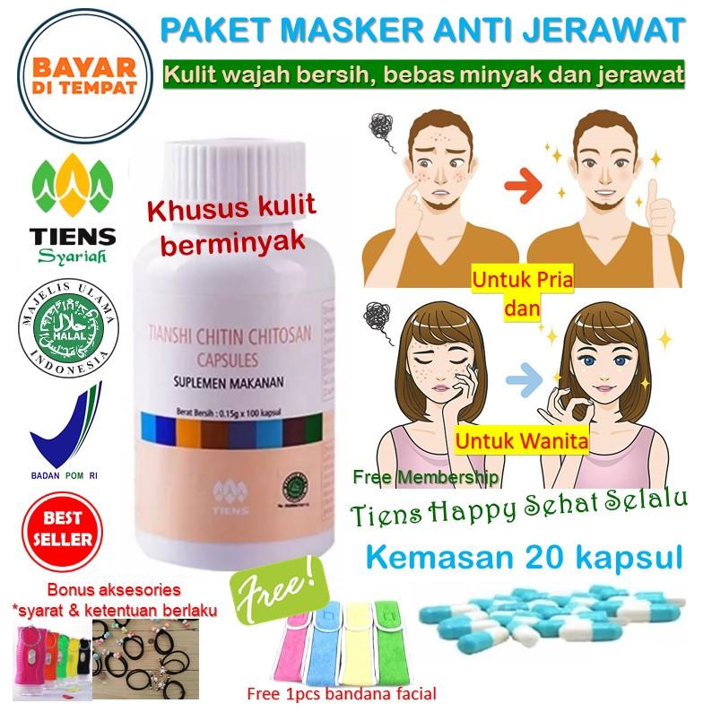 Obat Jerawat dari bahan herbal alami / wajah bebas minyak dan jerawat / anti acne manjur, aman dan halal / solusi kulit kusam dan berminyak / Tiens Masker Chitosan Herbal Anti Jerawat - Paket 20 Kapsul + free 1pcs bandana facial + membership THSS