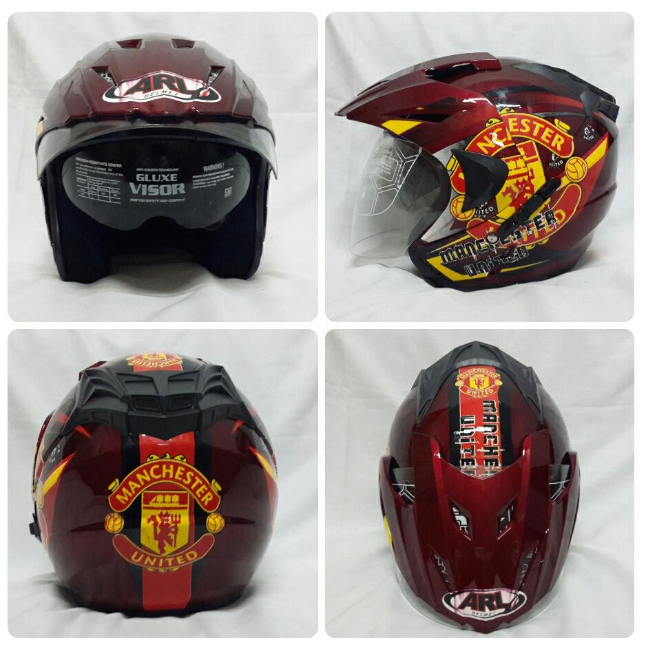 Helm ARL Club Bola Half Face Double Visor Manchester Merah Maroon.