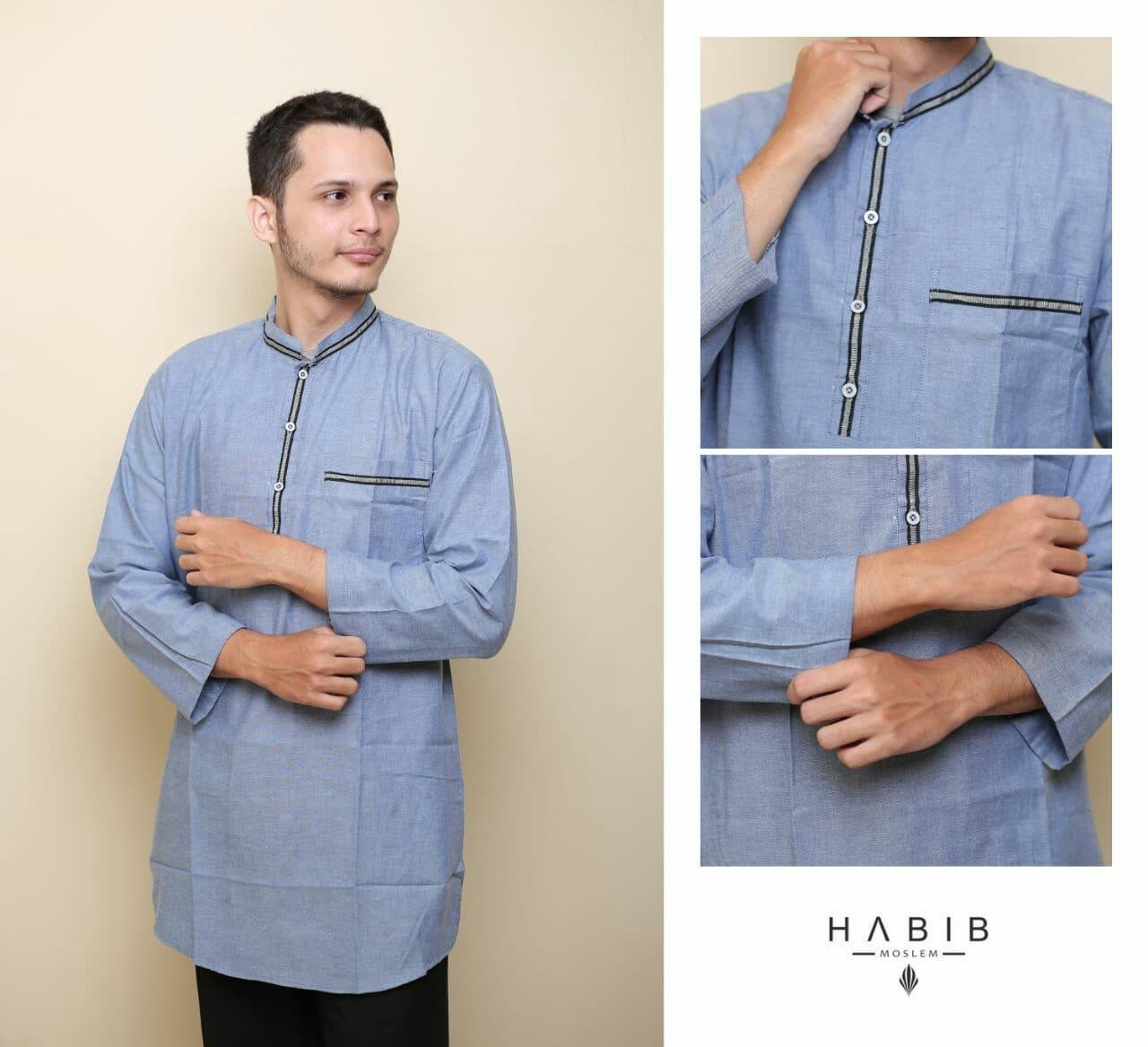 Baju Pria Kemeja Baju Koko Gaul Qurta List Habib Panjang Biru