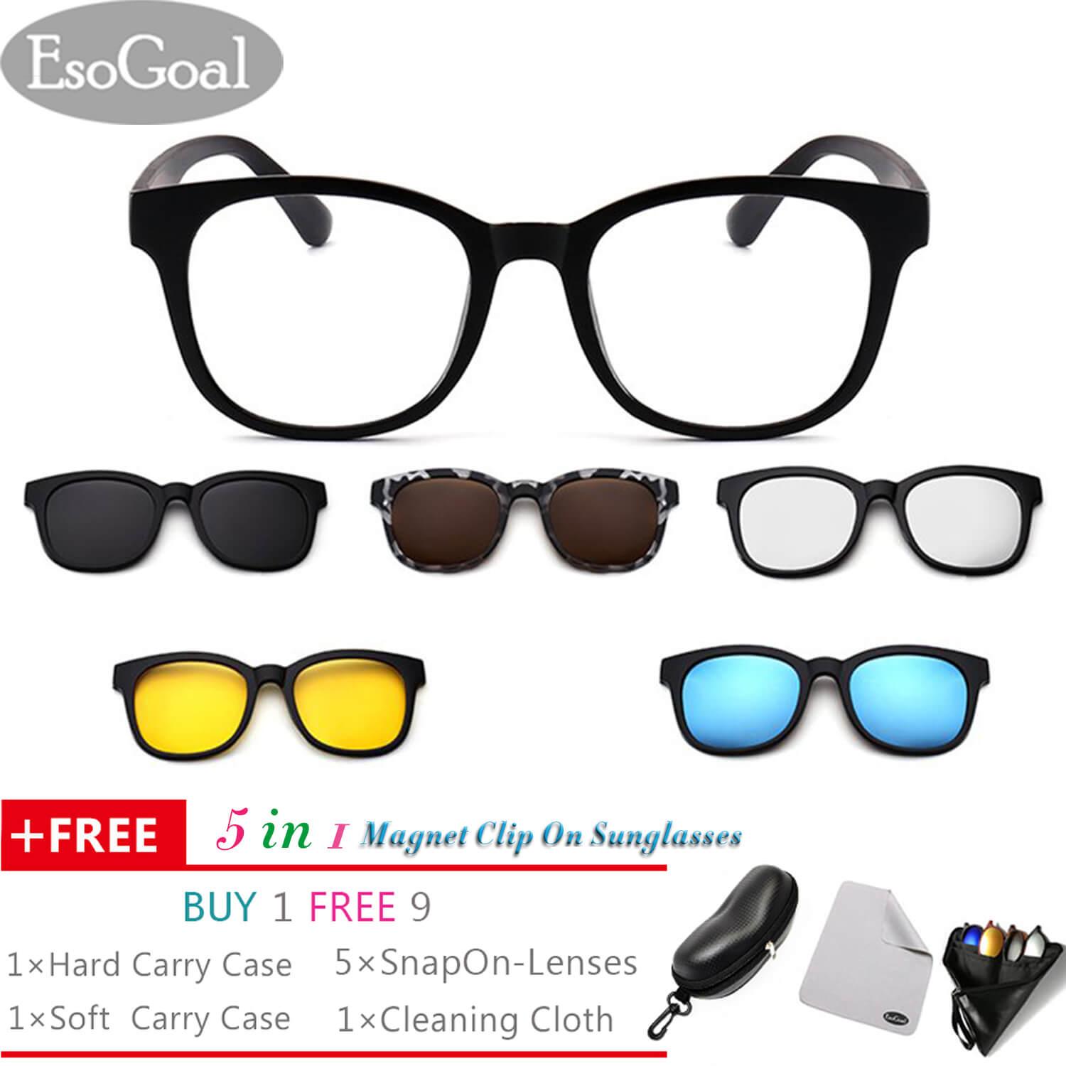 EsoGoal Magnetic Sunglasses Clip On Glasses Unisex Polarized Lenses Retro Frame with Set of 5 lenses  